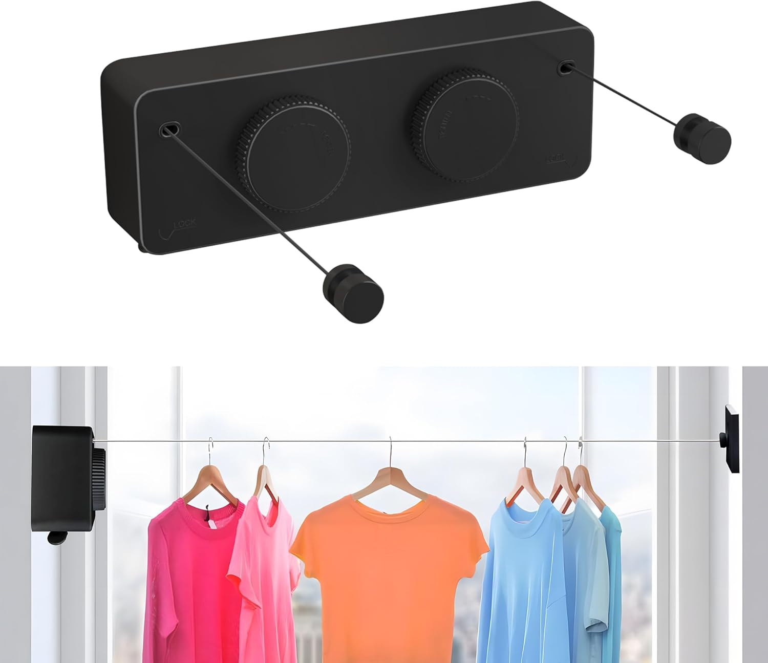 JOOM Retractable Clothesline Indoor Outdoor Clothes Line - Heavy Duty Clothes Drying Laundry Line - Wall Mounted Drying Rack - Air Dry Clothing Lock to Prevent Sagging (Two line,Black)