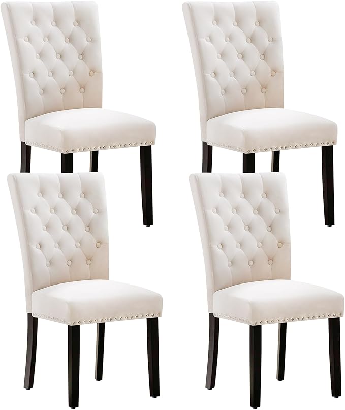Velvet Dining Kitchen Chair Set of 4, Parsons Upholstered Dining Room Chair, Wood Accent Chair with Nailed Trim, Beige