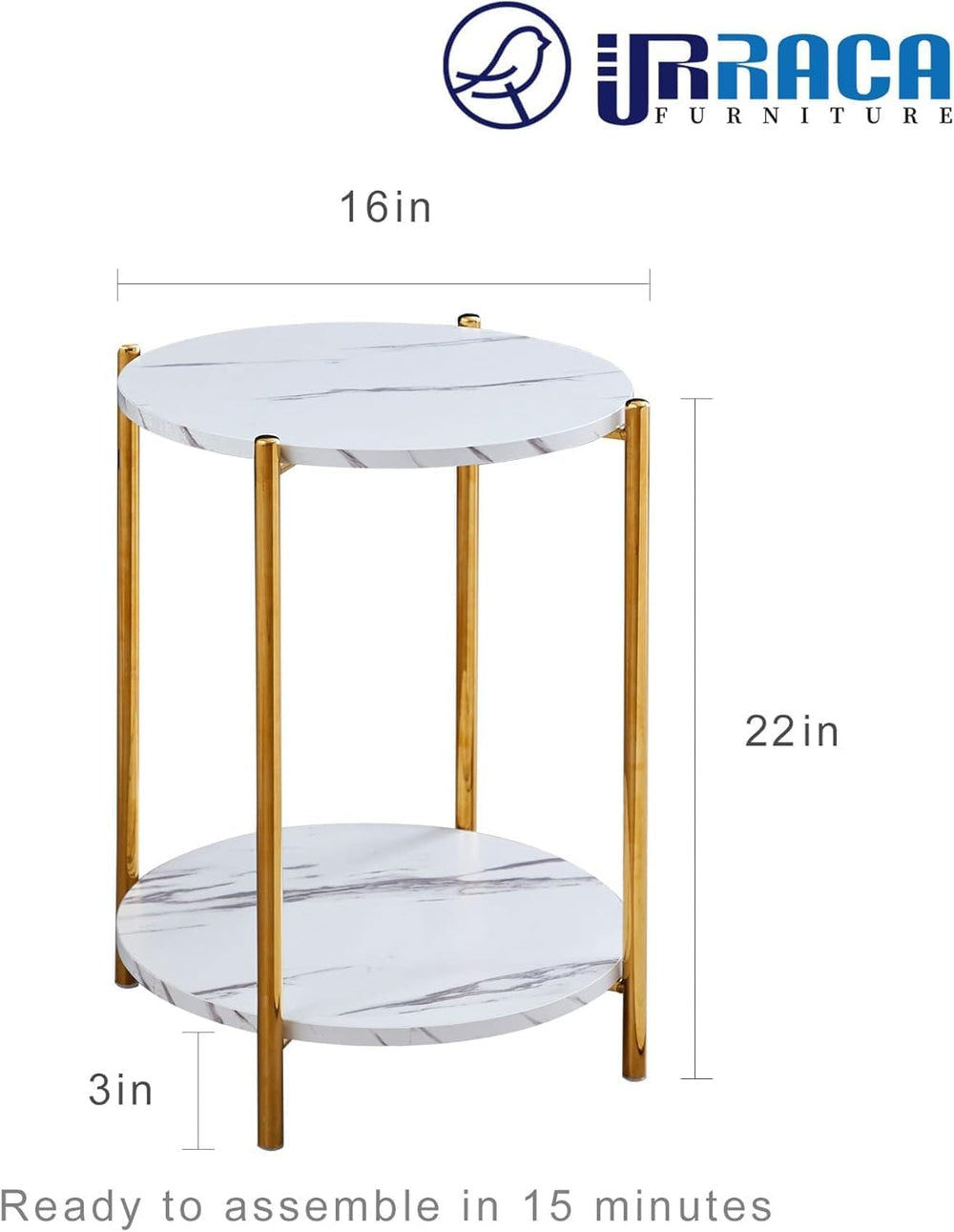 Gold End Table, Faux Marble Side Table, 2-Tier Small Round Nightstand for Bed...