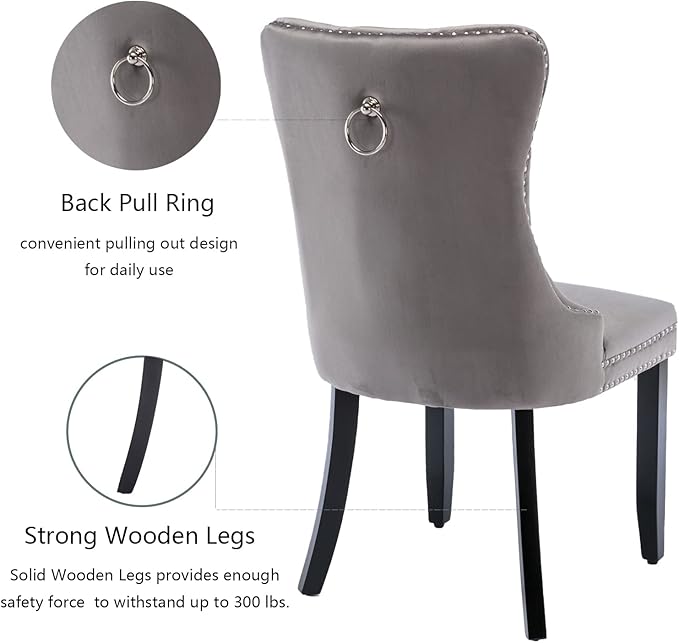 Grey Velvet Dining Chairs Set of 2, Upholstered Dining Room Chairs with Back Ring Pull Trim and Solid Wood Legs,Tufted Wingback Kitchen Chairs for Dining Room,Living Room,Kitchen(Grey)