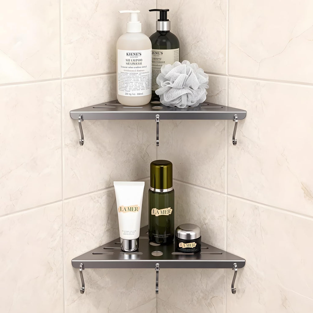 Shower Corner Shelf 304 Stainless Steel Shower Caddy 2 Tier Shower Organizer Niche Extra 6 Hangers Shelves 40 lbs Large Capacity Bathroom Storage for Inside Anti-Rust Drilling Installation(Silver)