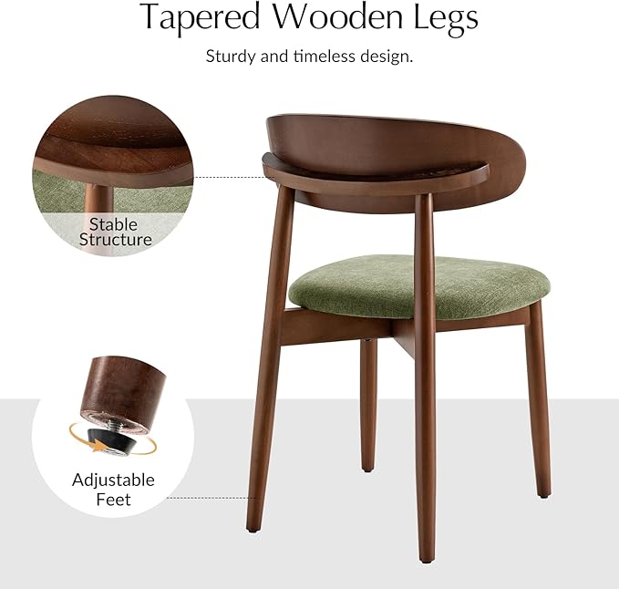 HULALA HOME Dining Chairs Set of 4 Mid-Century Modern Fabric Upholstered Dining Room Chairs Kitchen Side Chair with Open Curved Back, Walnut Rubber Wood Legs, Dinner Chairs for Living Room, Olive