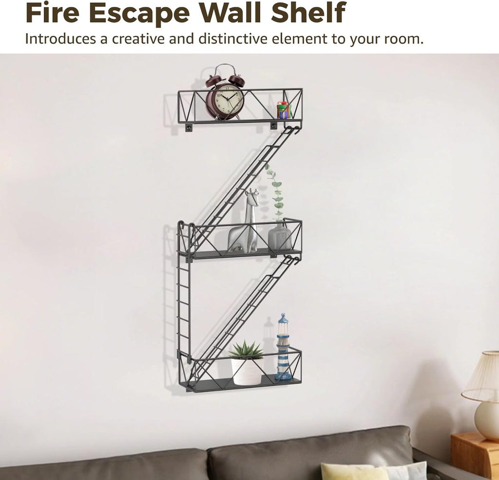 Fire Escape Wall Shelf, Black Metal Hanging Ladder Decor, 3 Tier Iron Display Shelf, Decorative Floating Wall Organizer, Includes Installation Screws and Instructions for Easy Setup