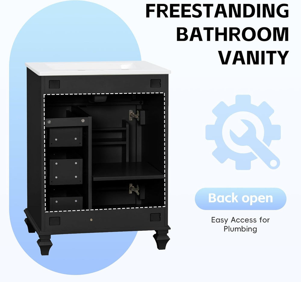 JIVOIT 24 Inch Bathroom Vanity with Ceramic Sink Top, Solid Wood & MDF Va...