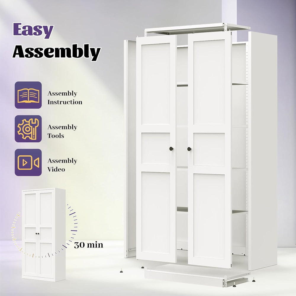 71"Kitchen Pantry Cabinet,White Metal Pantry Cabinet with 2 Doors & ...