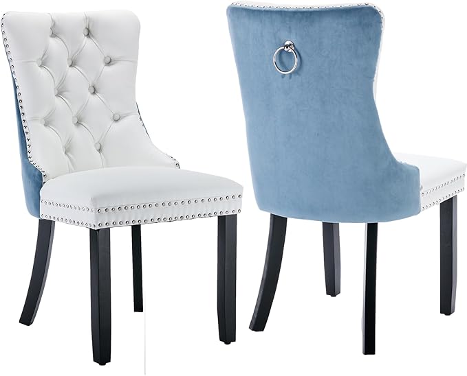 Modern Dining Chairs Set of 2, Tufted Upholstered Dining Chair with Solid Wood Legs, Velvet and Leather Dining Chairs, Sillas de Comedor, Comfy Kitchen Chair (White+Light Blue, 2Pcs)