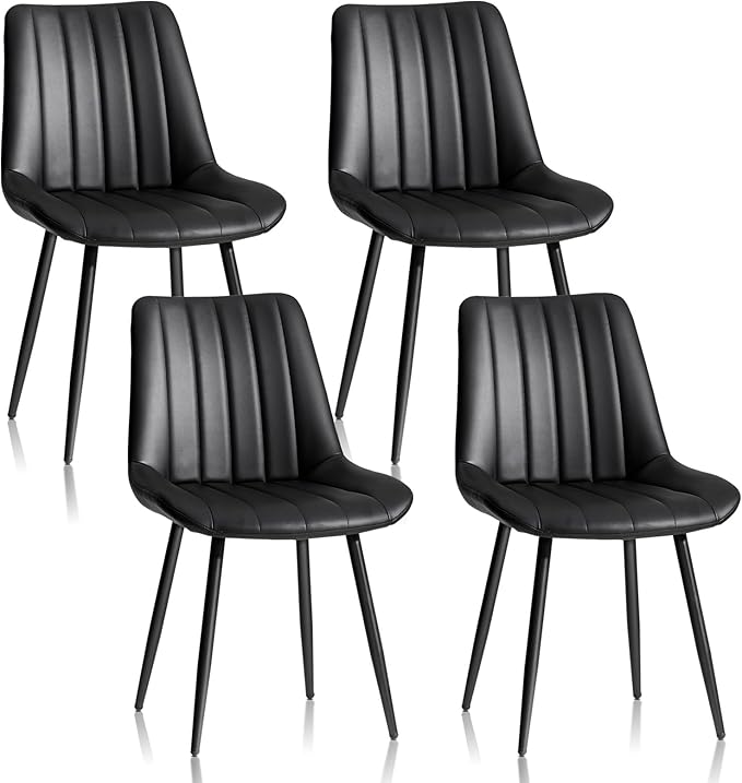 CLIPOP Dining Chairs Set of 4, Upholstered Kitchen Chairs with Comfortable Faux Leather Seat, Metal Legs, Modern Black Leather Dining Chairs, Easy Assembly