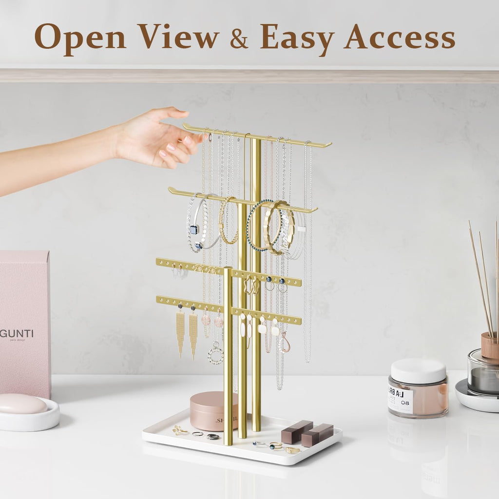 pickpiff Jewelry Stand Holder Organizer: 14.5" Sturdy Hanger for 80 Pcs Jewelry, Gift for Women, Gold Jewlery Tower for Necklace, Earring, Bracelet