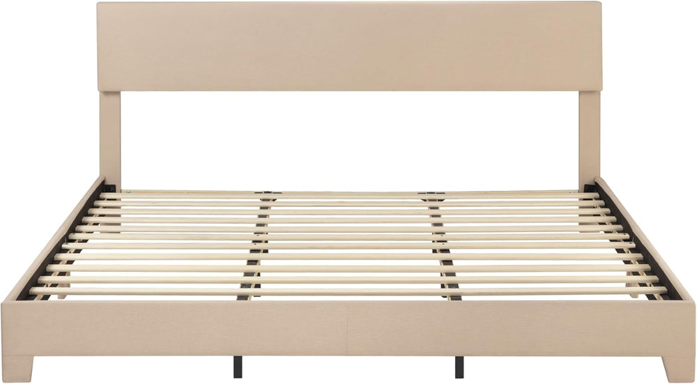SHA CERLIN Linen Upholstered King Size Bed Frame with Headboard, Beige