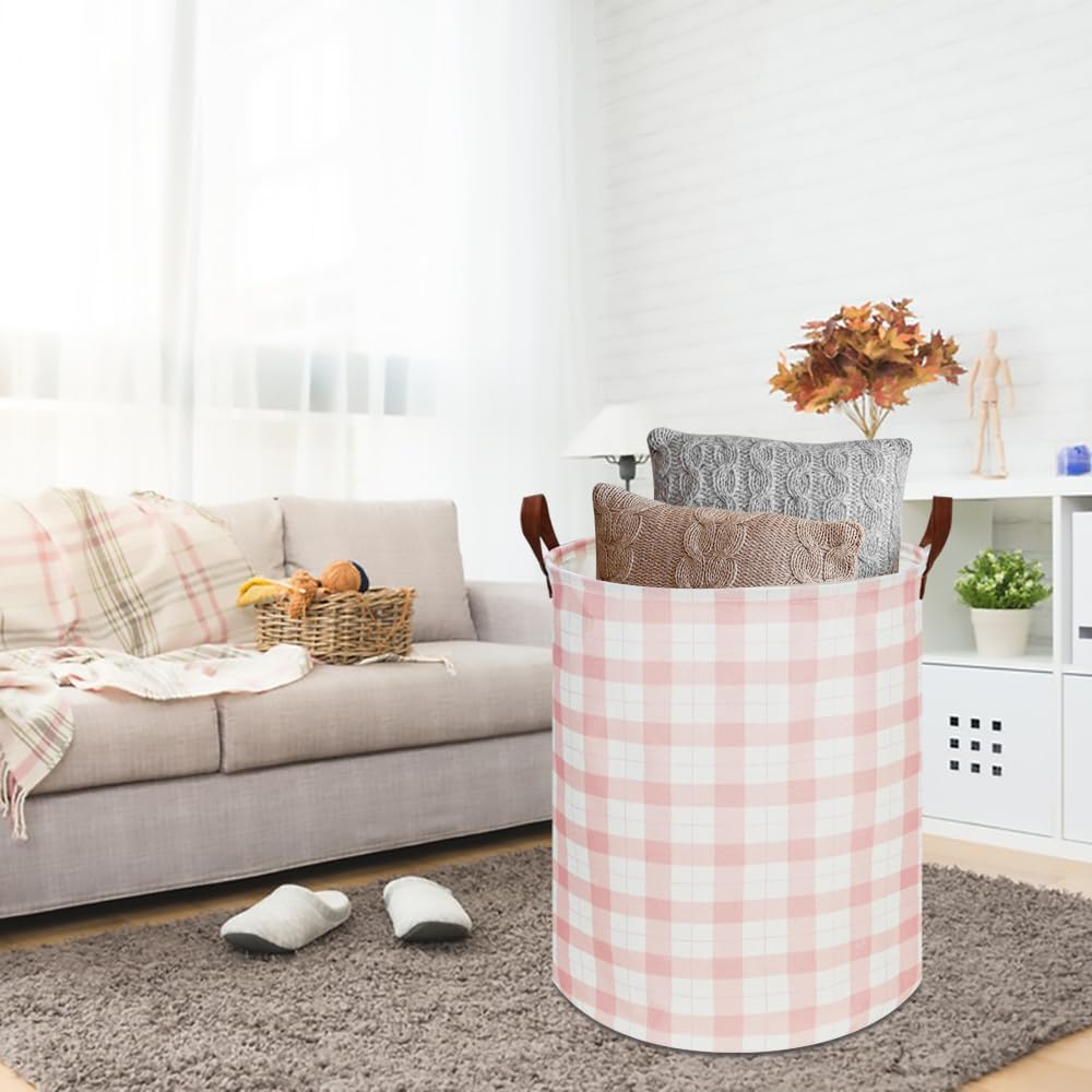 CLOCOR Laundry Basket, Waterproof Fabric Storage Container, Room Decor, Gift Basket(Pink Grid)