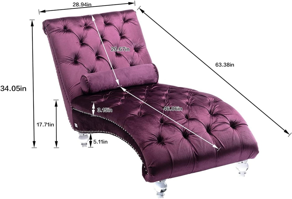 Velvet Chaise Lounge Chair with Toss Pillow, Modern Tufted Button Lounge Chai...