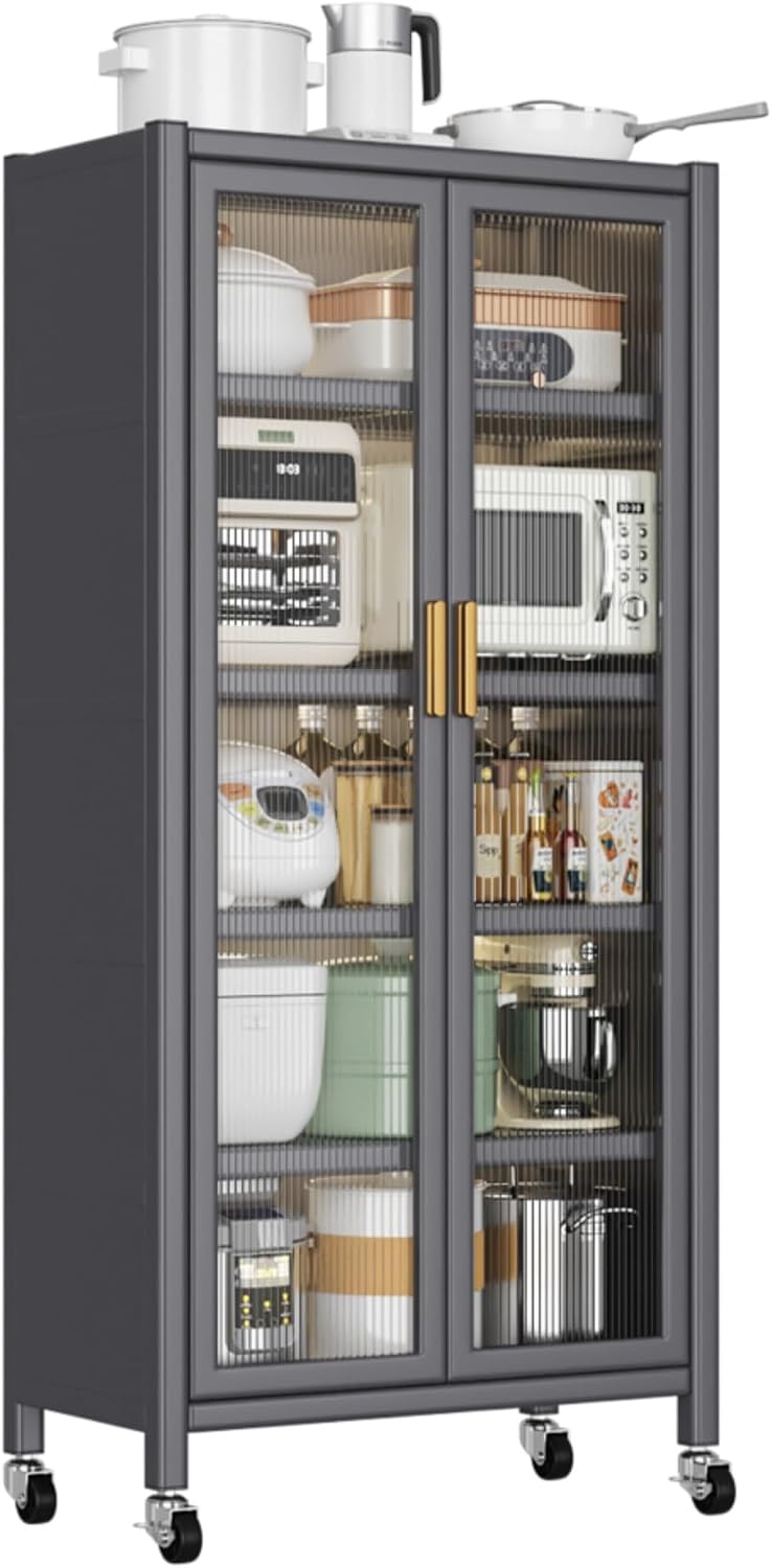 Metal Kitchen Pantry Storage Cabinet on Locking Casters, Double Ribbed Glass ...