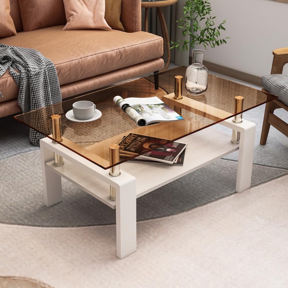 Rectangle Coffee Table, Tempered Glass Tabletop with MDF Layer, Modern Table ...