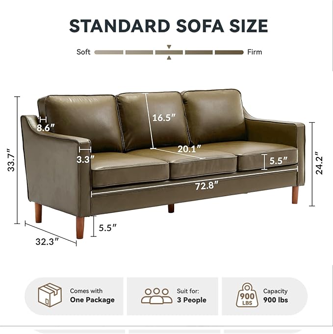 Kingfun 80" Faux Leather Sofa, 3 Seater Couch, Mid Century Modern Couches with Solid Wood Legs for Living Room & Bedroom, Olive Green