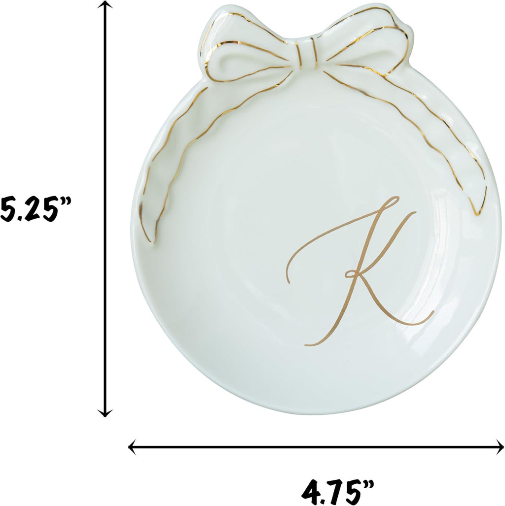 COLLECTIVE HOME - Personalized Initial Ceramic Jewelry Tray with Bow, Christmas Gift Ideas for Women, Small Gift for Girlfriend Wife, Ring Holder, Earrings Dish, Birthday Gift for Her (K)