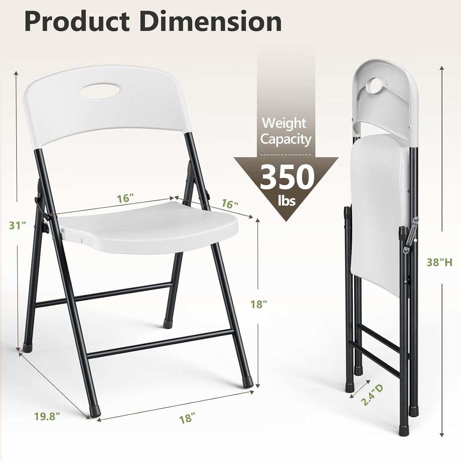 Folding Chairs 2 Pack, Outdoor Folding Chairs for Outside Indoor, Portable 350 lbs Capacity Heavy Duty Plastic Metal Foldable Chairs Commercial Seating for Picnic, Party, Patio, White