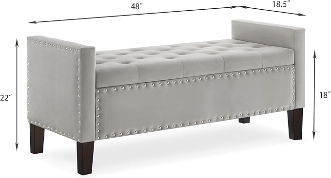 Upholstered Velvet Storage Ottoman Bench with Nail Trims,Soft Padded Seat with Armrest,for Living Room,Bedroom,Entryway,Easy to Assemble,Gray