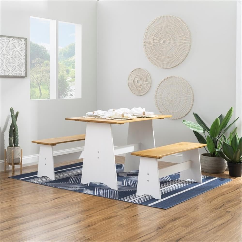 BOWERY HILL Large Backless Wood Bench, 42 in x 12 in x 17 in, White and Honey...