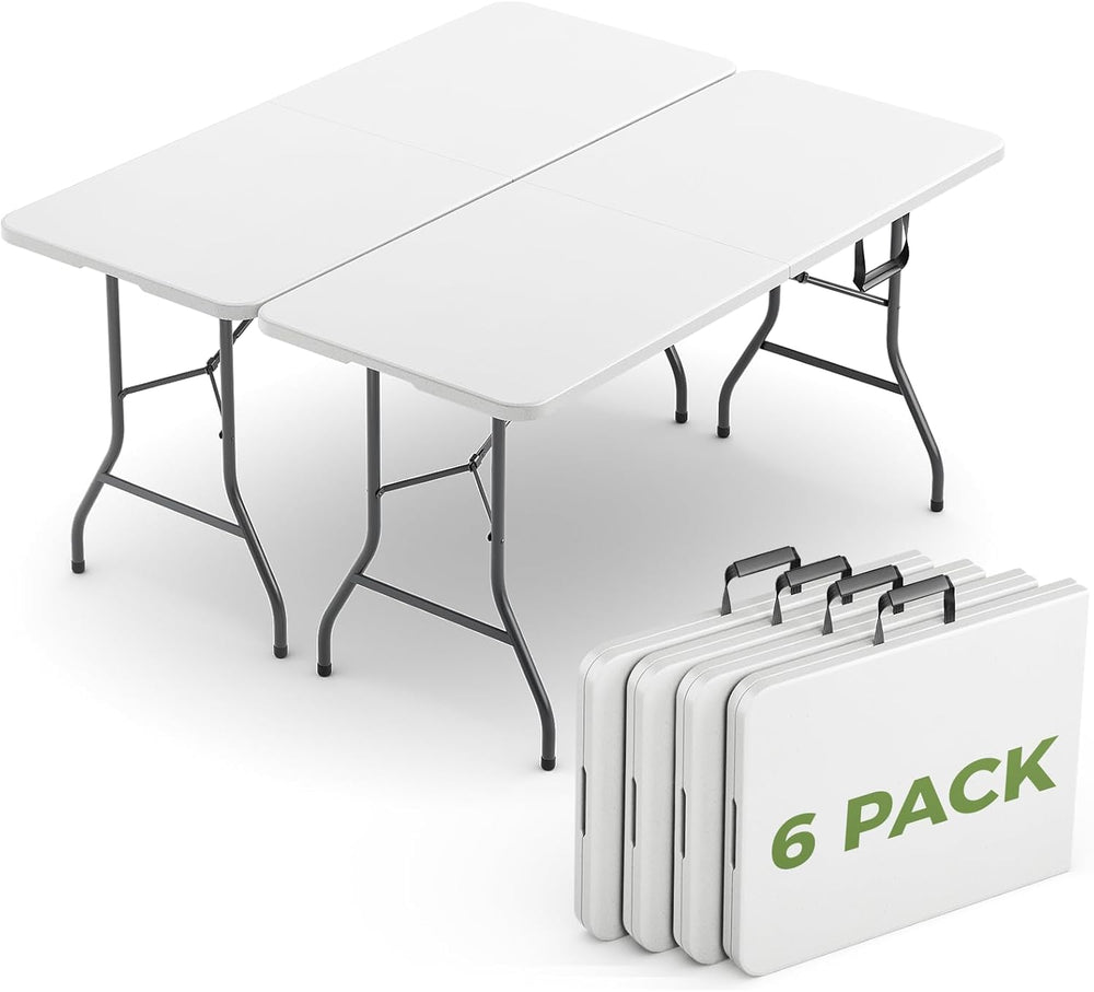 Folding Table 6 Pack, 6 FT Foldable Plastic Table with Carrying Handle, Heavy...