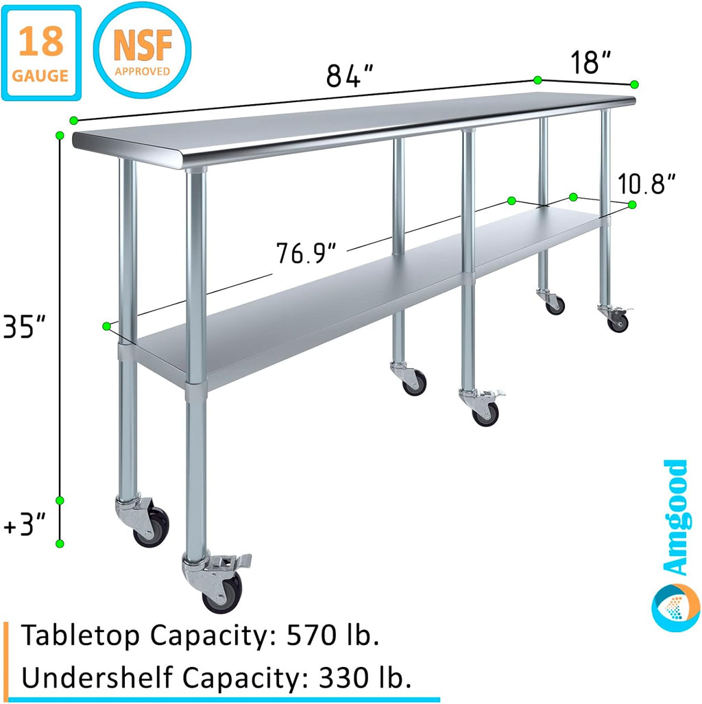 AmGood Stainless Steel Work Table with Casters | Heavy Duty Metal Utility Table On Wheels | Kitchen Island Cart (84" Long x 18" Deep)