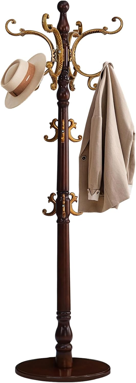 Coat Rack Freestanding, Wooden Coat Tree with Stable Round Base, Vintage Heav...