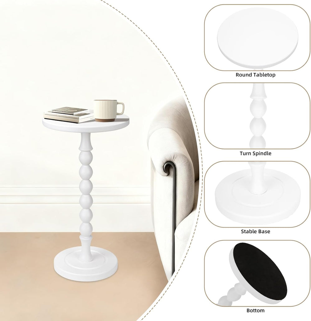 Round Side Table for Small Spaces, Drink Table with Oak Wood Pedestal, Modern...