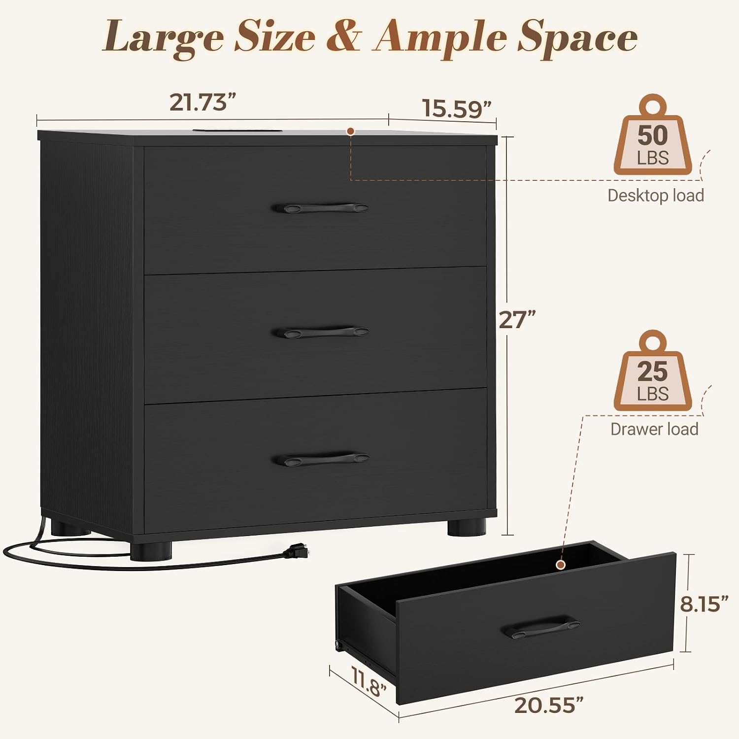 Aheaplus Night Stand Set of 2 with Charger Station, 21.7'' Wider Nightstands with 3 Wooden Drawers, Large Tall Bedside Table, Modern End Side Table Set, Nightstand for Bedroom, Black