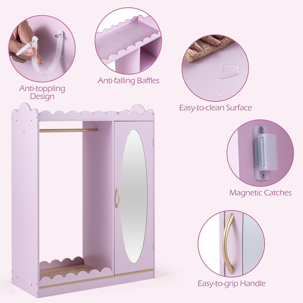Costzon Kids Dress Up Storage with Mirror, Toddler Wardrobe Closet with Open Hanging Clothing Rack, Cabinet & Shelves, Kids Armoire & Costume Organizer for Bedroom, Kids Room, Playroom (Pink)