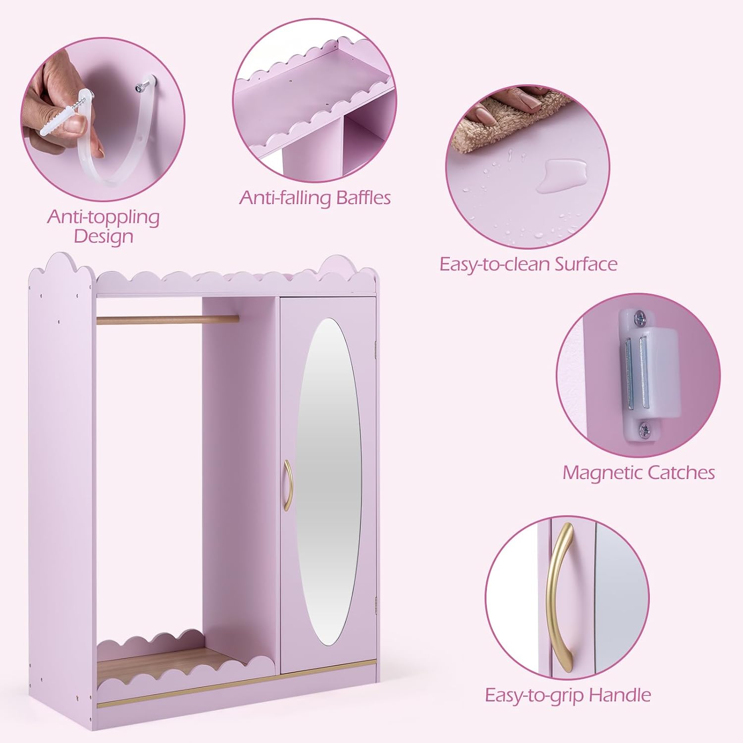 Costzon Kids Dress Up Storage with Mirror, Toddler Wardrobe Closet with Open Hanging Clothing Rack, Cabinet & Shelves, Kids Armoire & Costume Organizer for Bedroom, Kids Room, Playroom (Pink)