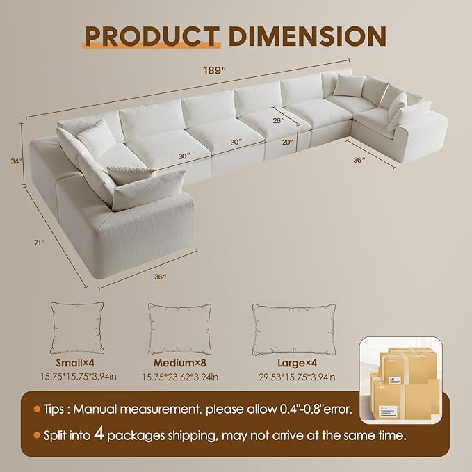 189" Oversized Boneless Cloud Couch, Modular Sectional Couches for Living Room, L-Shaped with Deep Seats, No Assembly Required, 8-Seater Washable Fabric Sleeper Sofa, White