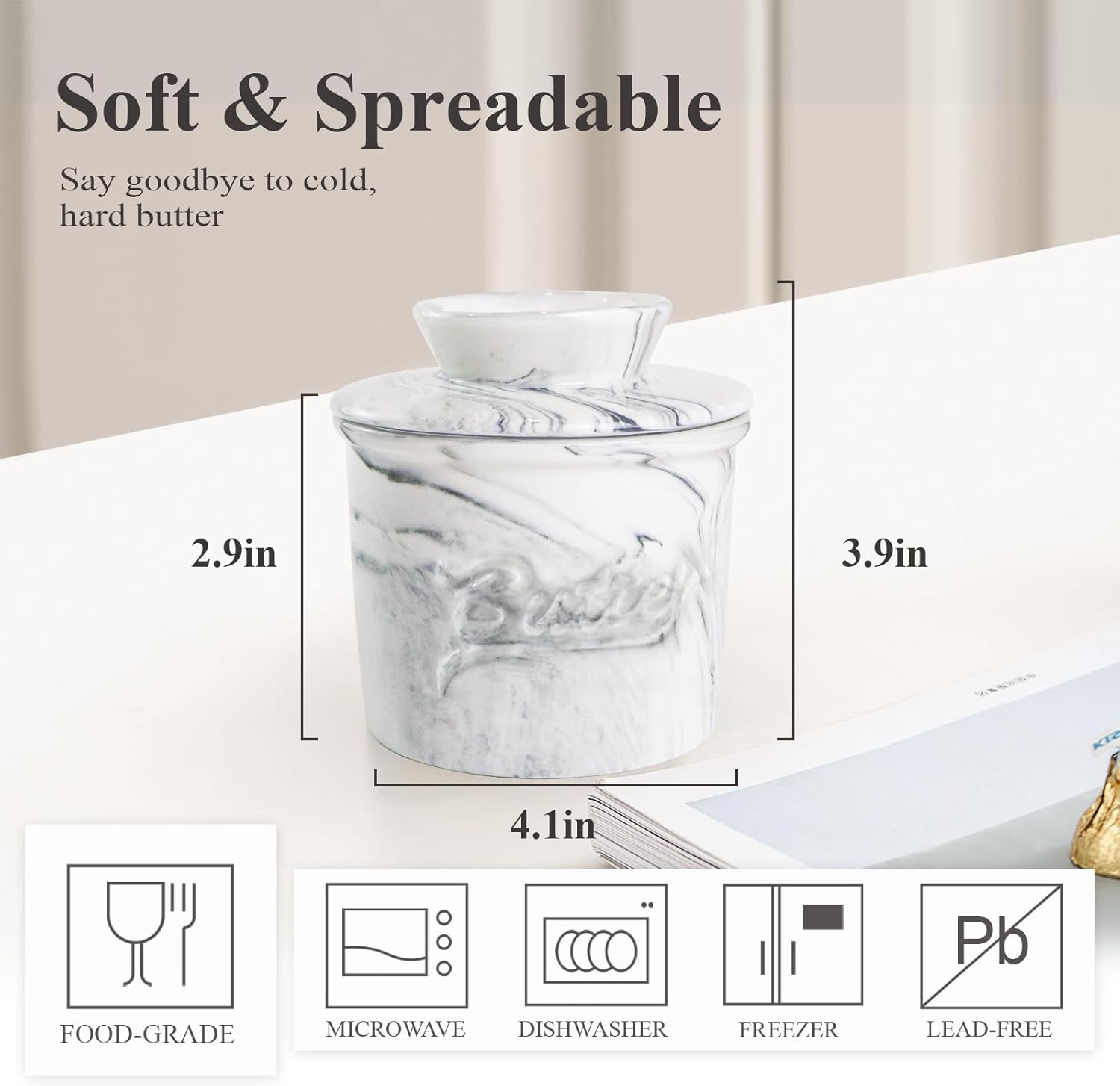 Butter Crock for Counter with Water, French Butter Keeper for Spreadable Butter Marble Ceramic Butter Dish with Lid for Countertop, Butter Container Holder
