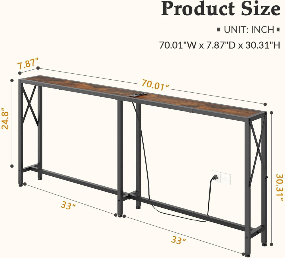 Gewudraw 70" Sofa Table Behind Couch with Oulets-Narrow Console Table,Br...