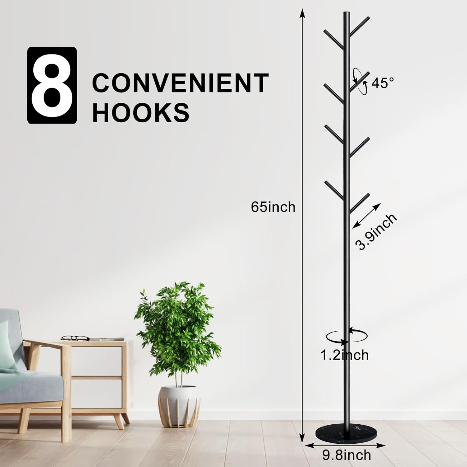 Coat Rack with Natural Marble Base, Metal Freestanding Coat Rack with 8 Hooks, Heavy Duty Coat Hanger Stand for Entryway, Office, Bedroom,Dorm for Coats, Hats, Handbags and Scarves(Black)