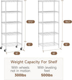 Small 5 Tier Shelves Storage Wire Shelving Unit Metal Shelf Adjustable Organizers Storage Shelving with Wheels for Bathroom Laundry Room Kitchen Pantry12”D x 18”W x 57.2”H White
