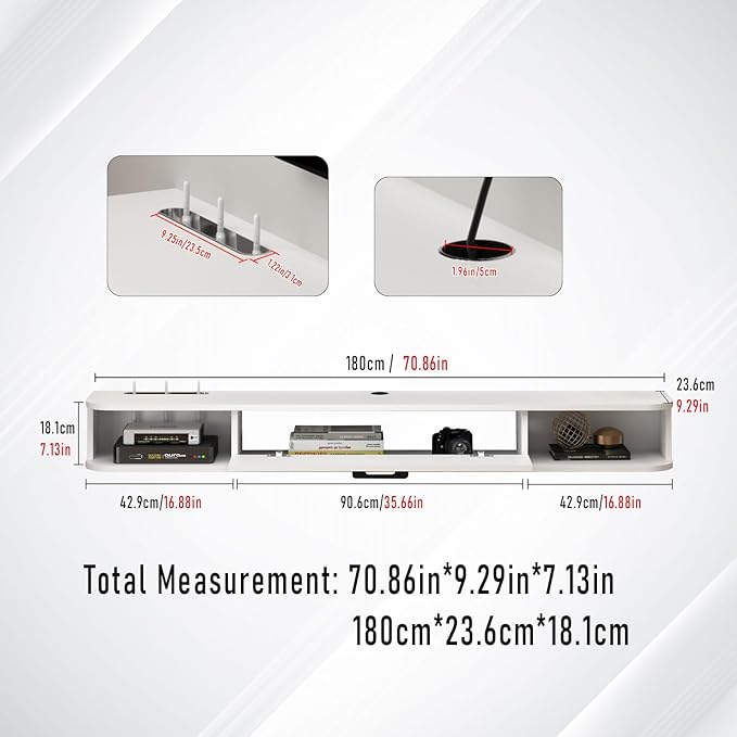 Floating TV Unit, 71'' Wall Mounted TV Cabinet, Floating Shelves with Door, Modern Entertainment Media Console Center Large Storage TV Bench for Living Room & Office (70.86IN, White)