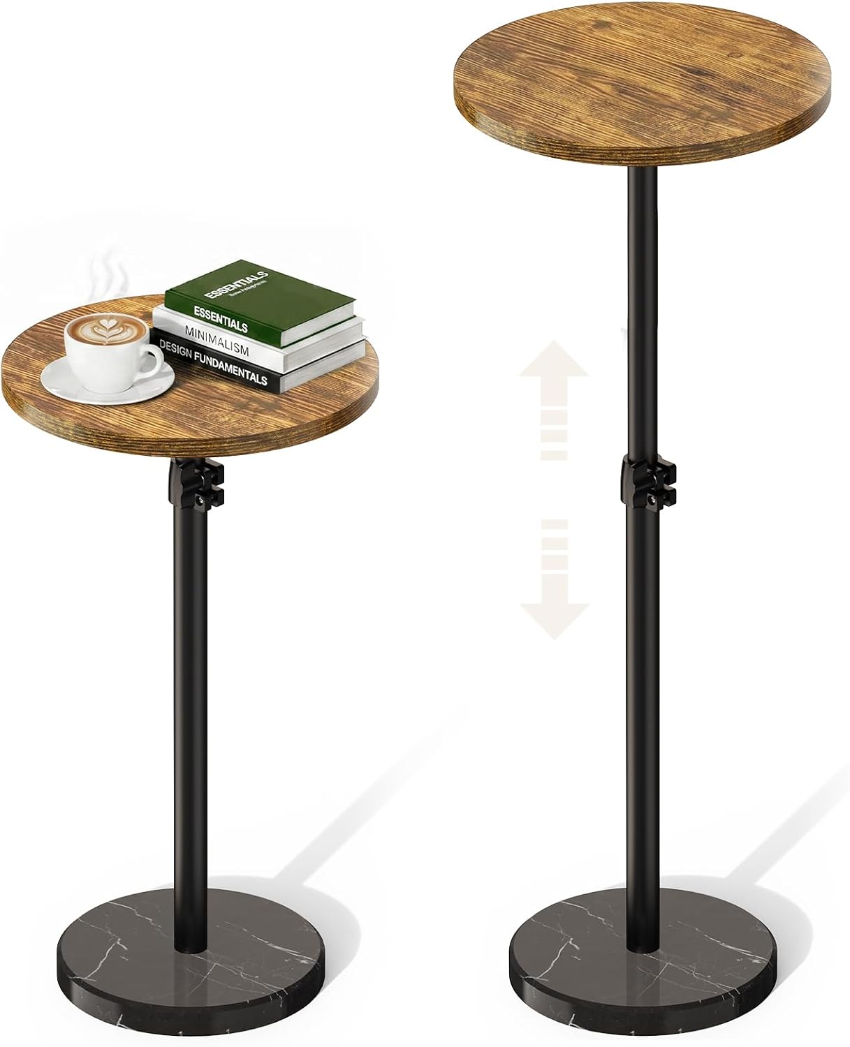 Adjustable Drink Table, Round Pedestal Side Table for Small Spaces | 9 lbs Marble Base, 18–31'' Height, Waterproof Coated, Brown & Black