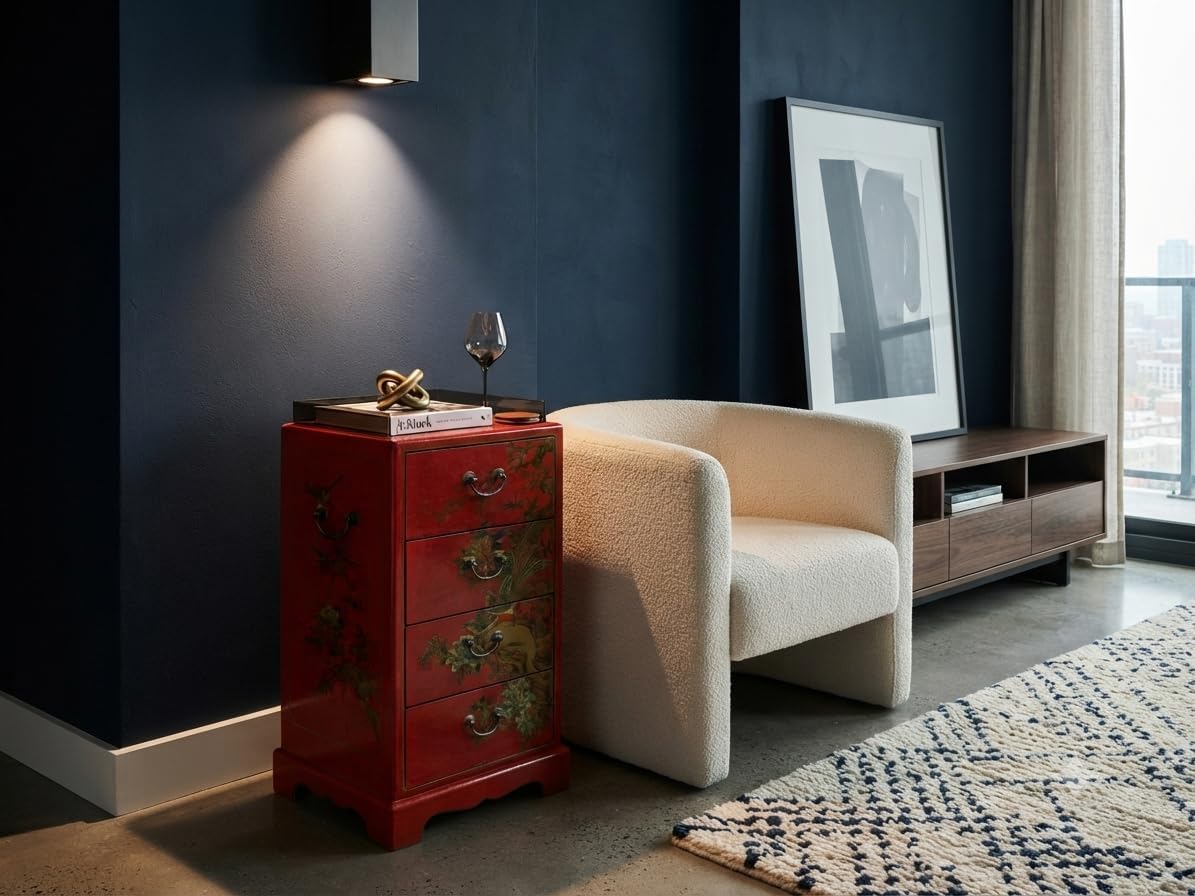 Oriental Bright Red Golden Flower Bird Graphic Drawers Chest Aws5065