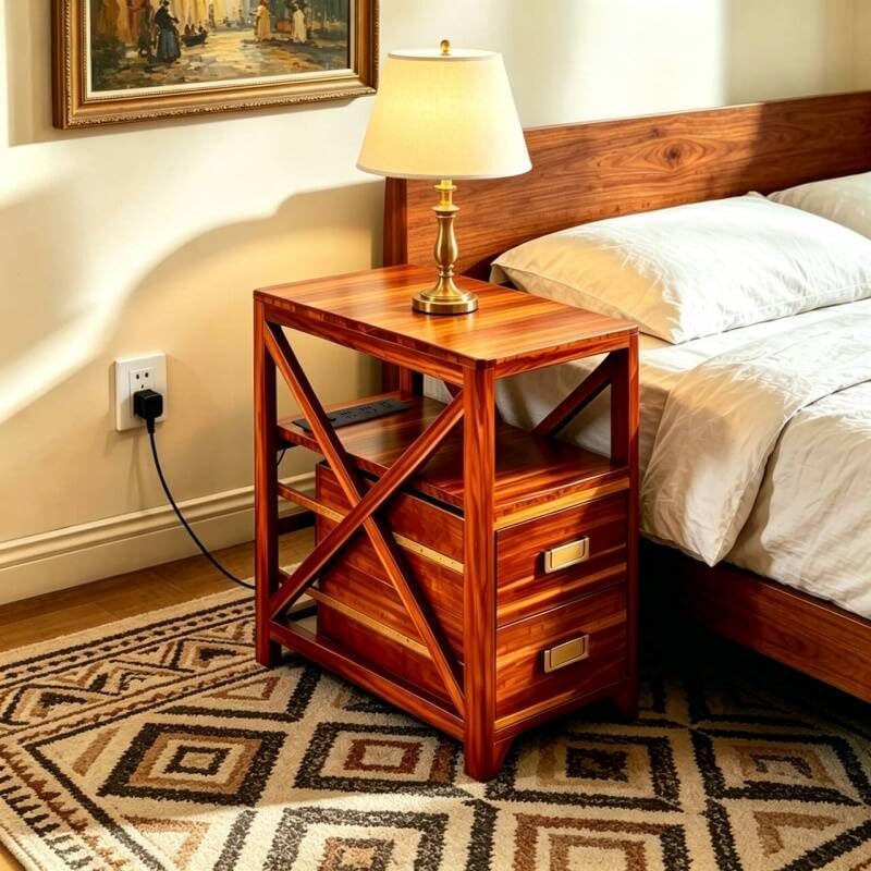 Fully Assembled Narrow Side Table with Charging Station, No Assembly Narrow N...