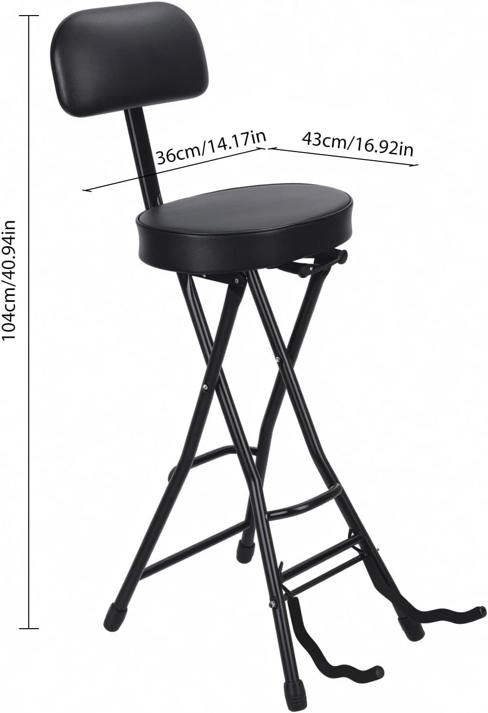 Folding Guitar Stool Chair with Padded Seat, Ergonomic Backrest & Built-in Stand - Heavy Duty Portable Seat for Acoustic, Electric, Bass Guitar Practice & Performance Black