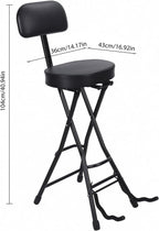 Folding Guitar Stool Chair with Padded Seat, Ergonomic Backrest & Built-in Stand - Heavy Duty Portable Seat for Acoustic, Electric, Bass Guitar Practice & Performance Black