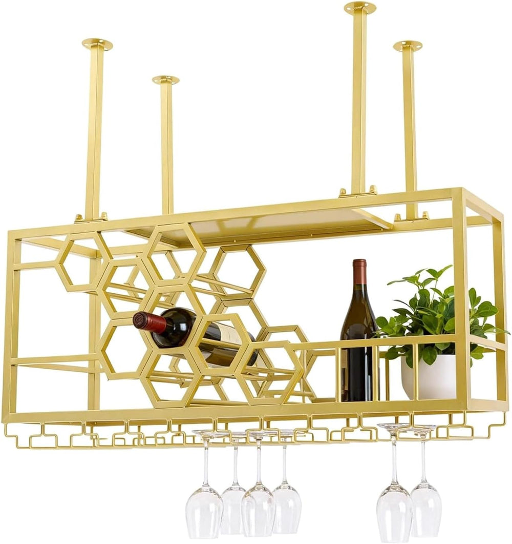 39" Ceiling Wine Rack Gold, Metal Hanging Bottle Rack with Guardrail | H...