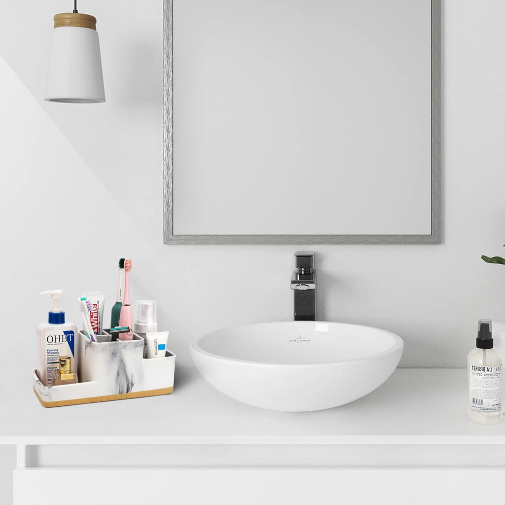 Toothbrush Holder for Bathrooms, Bathroom Organizer Countertop, Rectangle 5 Compartment Bathroom Accessories Storage for Toothpaste/Shaver and Other Items,White Resin of Marble Color (White)