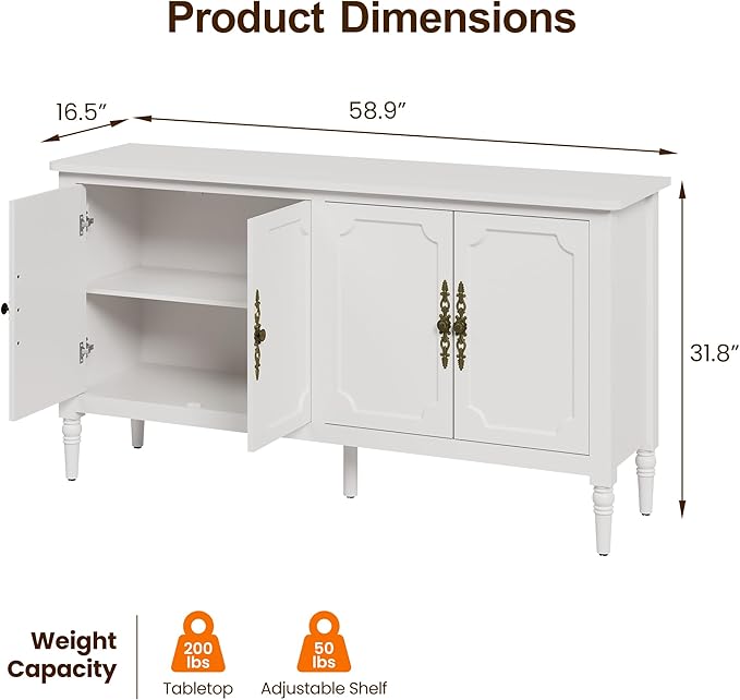 RoyalCraft 59" Buffet Cabinet with Storage, Vintage Sideboard with Adjustable Shelves & Carved Handle, Mid Century Modern Painted Credenza Coffee Bar for Kitchen, Dining Room, Satin White