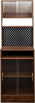 71" Kitchen Hutch Cabinet with Storage Pantry Storage Cabinet with Striped Glass Doors, Pegboard, Open Shelf and Countertop, Cupboard for Kitchen Dining Room, Walnut