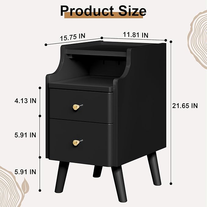 Narrow Nightstand, Solid Wood Night Stand with 2 Drawers, White Mid Century M...