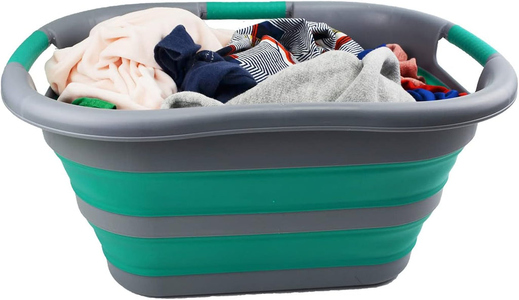 SAMMART 30L (7.9 gallon) Collapsible Plastic Laundry Basket - Foldable Pop Up Storage Container/Organizer - Portable Washing Tub - Space Saving Hamper/Basket (1, Dark Grey/Bluish-Green)