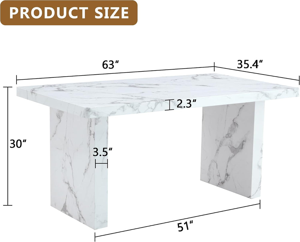 63" Dining Table Set for 6, White Faux Marble Dining Room Table and 6 PU...