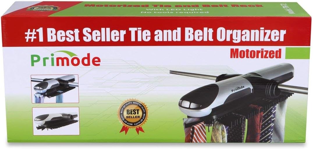 Motorized Tie Rack Closet Organizer with LED Lights Includes J Hooks for Wired Shelving Stores Up to 72 Ties & 8 Belts Operates with Batteries