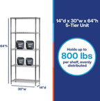 Shelving Inc. 14"d x 30" w x 64" h Chrome Wire Shelving with 5 Tier Shelves, Weight Capacity 800lbs Per Shelf