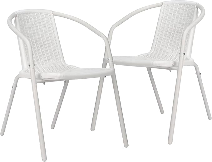 VINGLI PE Rattan Outdoor Dining Chairs Set of 2, Plastic Stackable Patio Chairs for Indoor, Porch, Restaurant, Garden, White